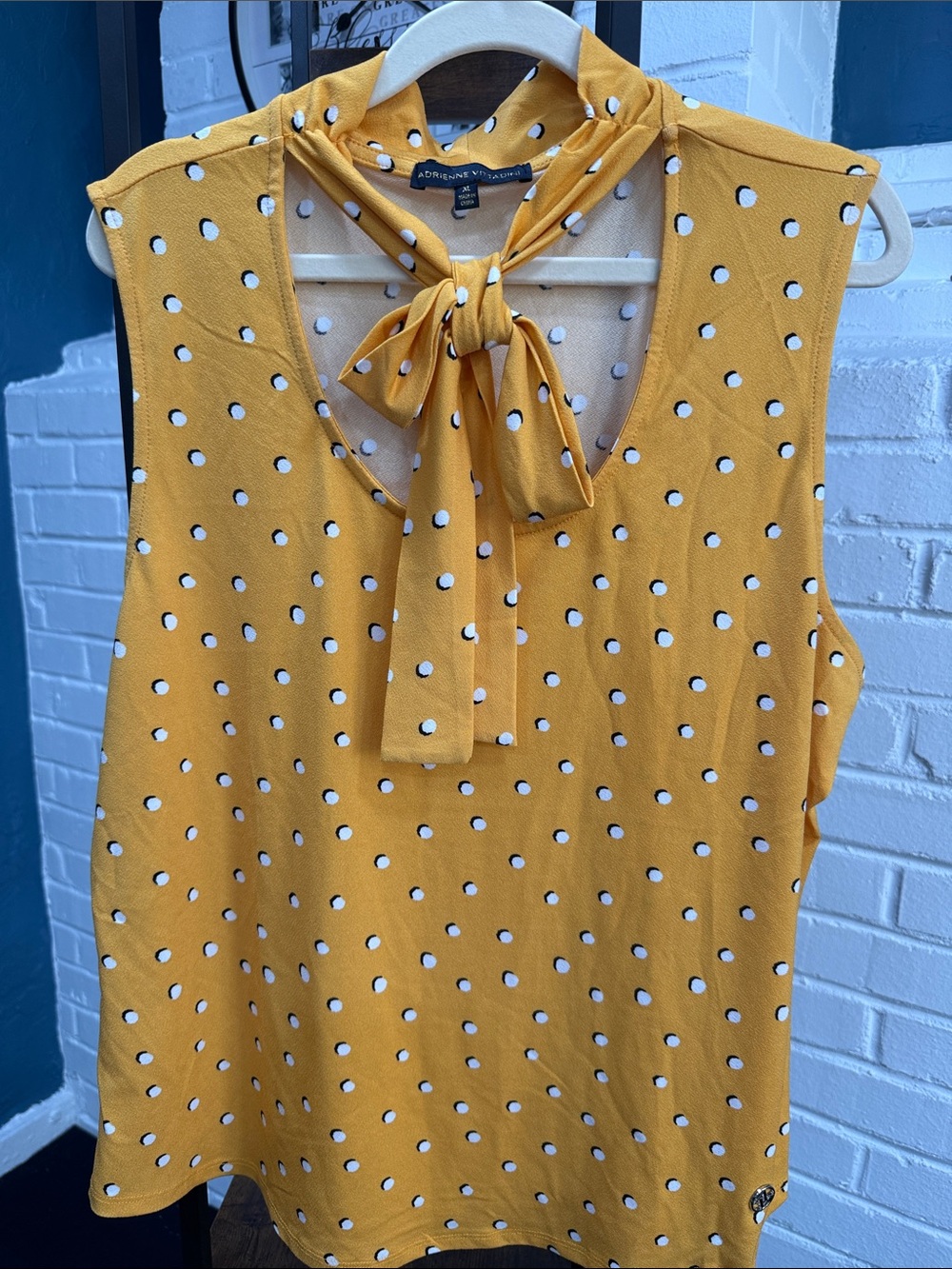 Adrienne Vittadini Yellow Polka Dot Tie-Neck Sleeveless Blouse